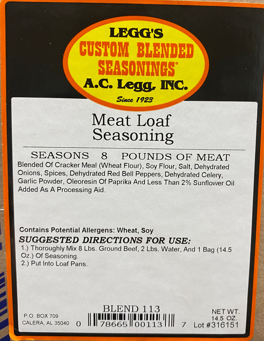A.C. Legg Meat Loaf Seasoning Blend 113 Gulf Coast Seasoning & Butcher Supply